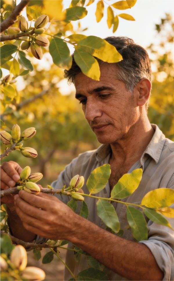 Hombre cogiendo fruto de pistacho en el campo